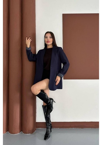 Kruvaze Yaka Içi Çizgi Desen Astarlı Blazer Ceket Marka Muadil