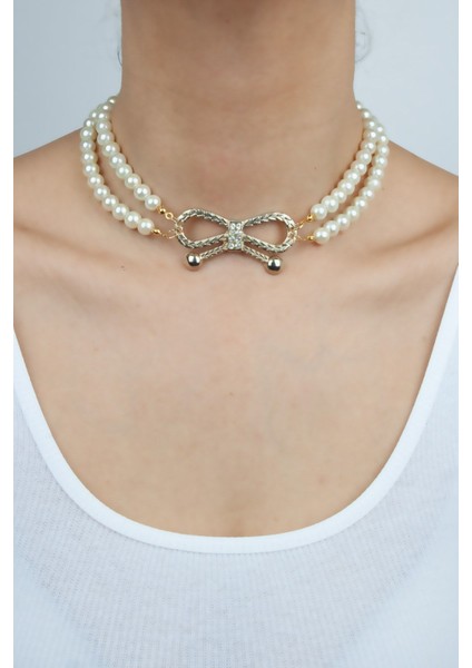 Çift Sıralı Bronz Uçlu Cam Inci Kolye