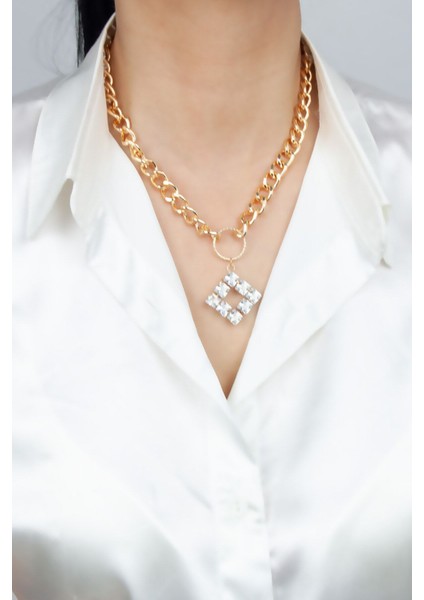 Kristal Taşlı Kalın Zincir Gold Kolye