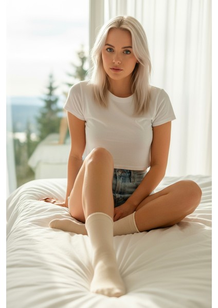 Kadın Lastiksiz Roll Top Rahat Soket Çorap 6'lı Paket 578 Ekru