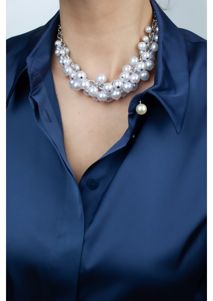 Gümüş Renk Inci Salkım Kolye