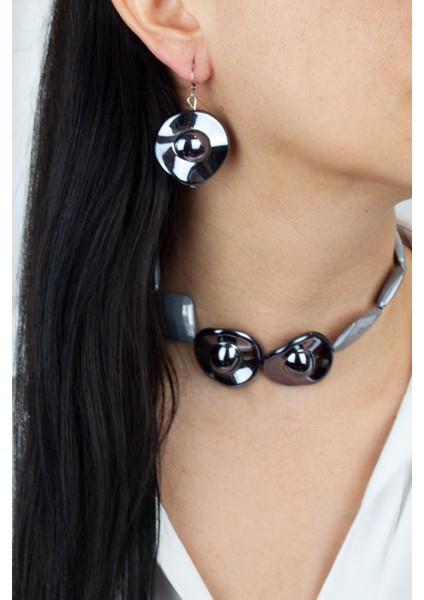 Gri Kadın Kolye Küpe Set