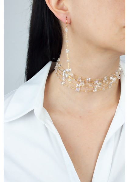 Kristal Taşlı Gold Kolye Küpe Set