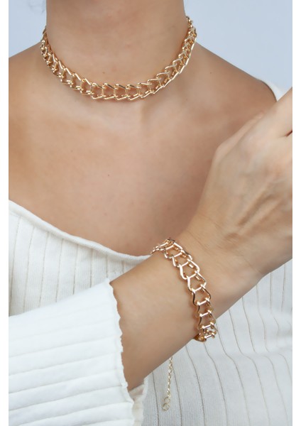 Geçme Zincir Gold Kolye Bileklik Set