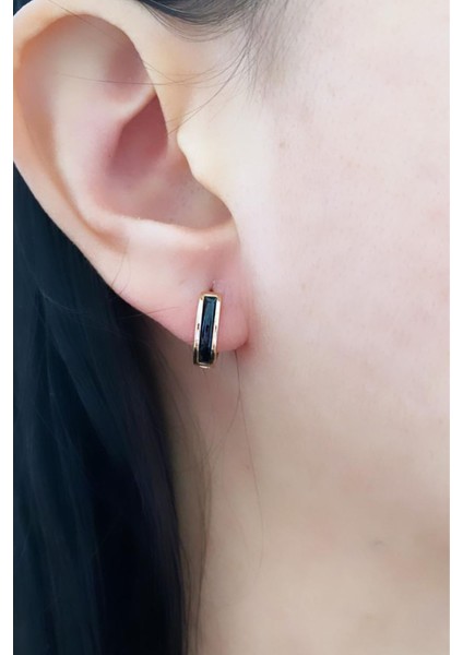 Siyah Mineli Altın Kaplama Halka Küpe