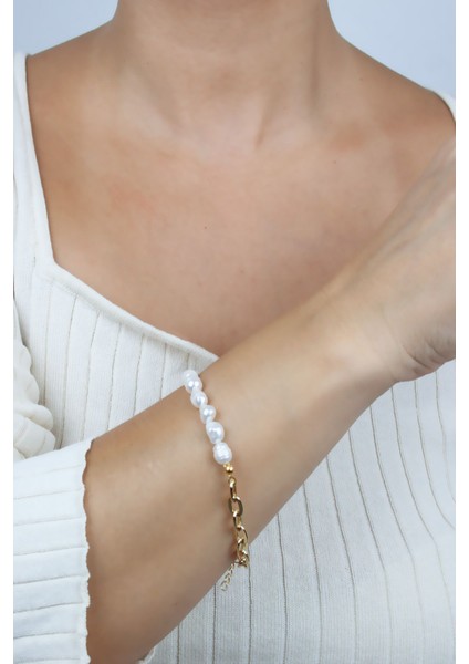 Gerçek Inci ve Altın Kaplama Zincir Bileklik