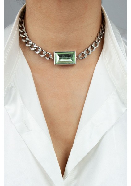 Yeşil Geometrik Detay Zincir Kolye