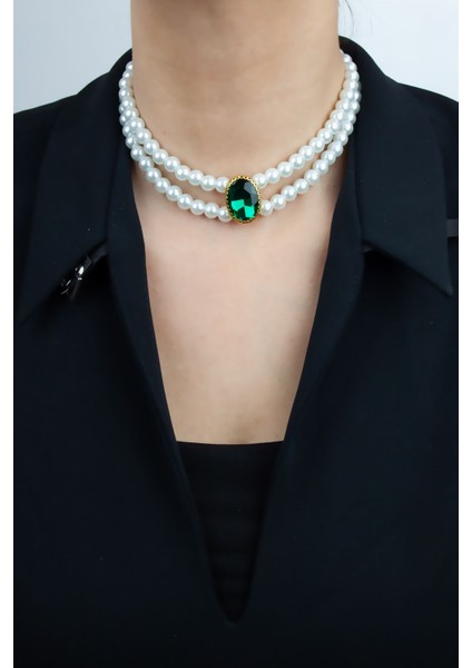 Cam Inci Çift Sıralı Kristal Taşlı Kolye