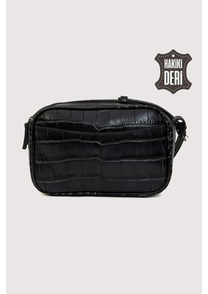 Hakiki Deri Kadın Çapraz Omuz Çantası Siyah Kroko SMR8975
