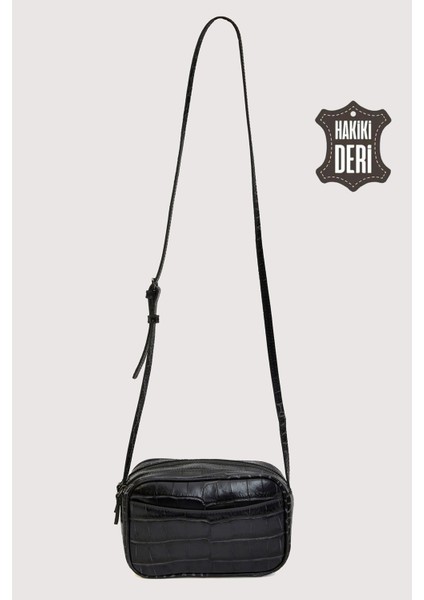 Hakiki Deri Kadın Çapraz Omuz Çantası Siyah Kroko SMR8975 fırsatları