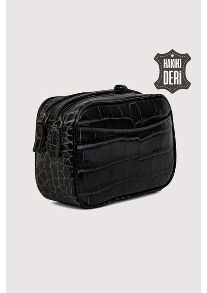 Hakiki Deri Kadın Çapraz Omuz Çantası Siyah Kroko SMR8975 indirimleri
