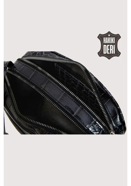 Hakiki Deri Kadın Çapraz Omuz Çantası Siyah Kroko SMR8975