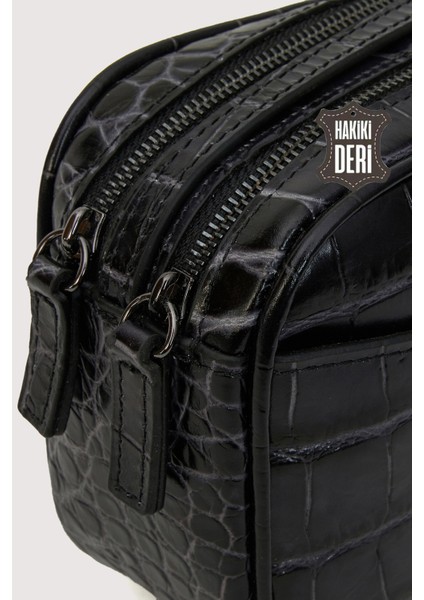 Hakiki Deri Kadın Çapraz Omuz Çantası Siyah Kroko SMR8975