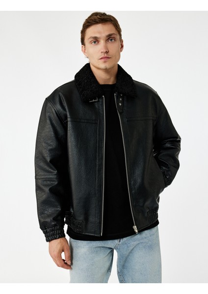 Peluş Yaka Cep Detaylı Uzun Kollu Fermuarlı Suni Deri Ceket