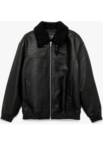 Peluş Yaka Cep Detaylı Uzun Kollu Fermuarlı Suni Deri Ceket modelleri