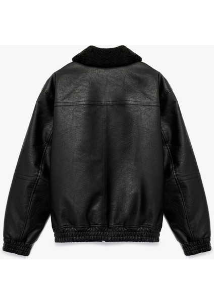 Peluş Yaka Cep Detaylı Uzun Kollu Fermuarlı Suni Deri Ceket fırsatları