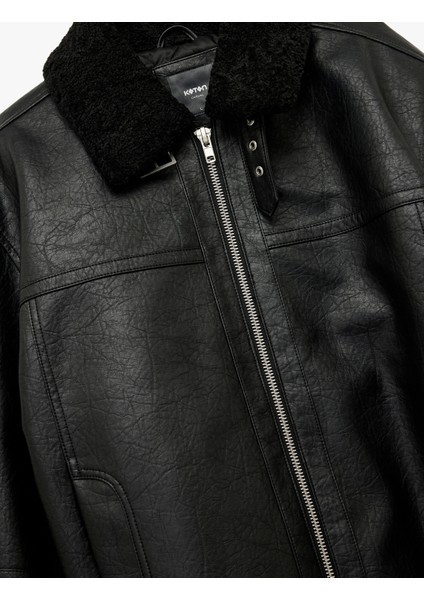 Peluş Yaka Cep Detaylı Uzun Kollu Fermuarlı Suni Deri Ceket indirimleri