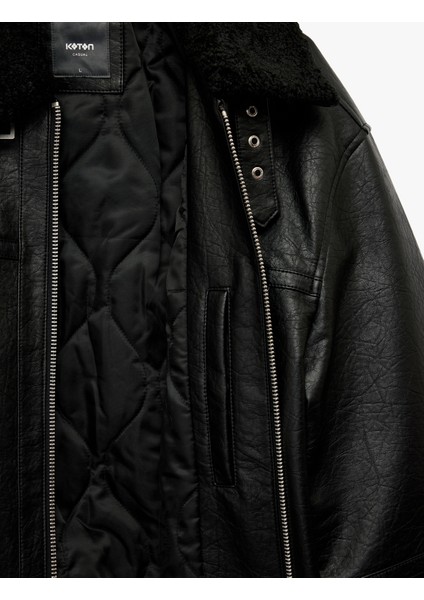 Peluş Yaka Cep Detaylı Uzun Kollu Fermuarlı Suni Deri Ceket