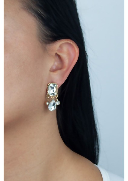 Kristal Taşlı Gold Küpe