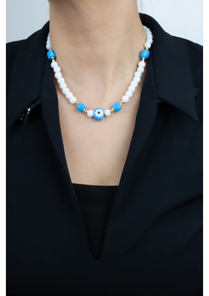 Oniks Doğaltaş Boncuk ve Nazar Boncuğu Gold Detaylı Kolye