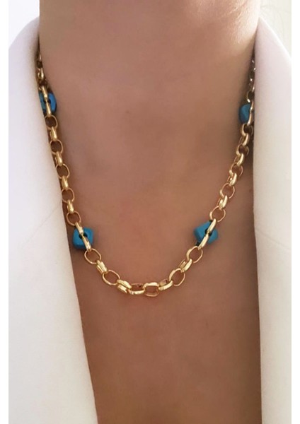 Mavi Taşlı Gold Zincir Kolye