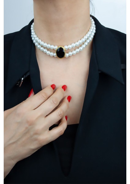 Cam Inci Çift Sıralı Kristal Taşlı Kolye