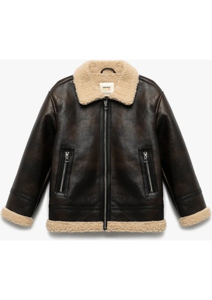 Içi Peluş Astarlı Fermuarlı Uzun Kollu Biker Suni Deri Ceket
