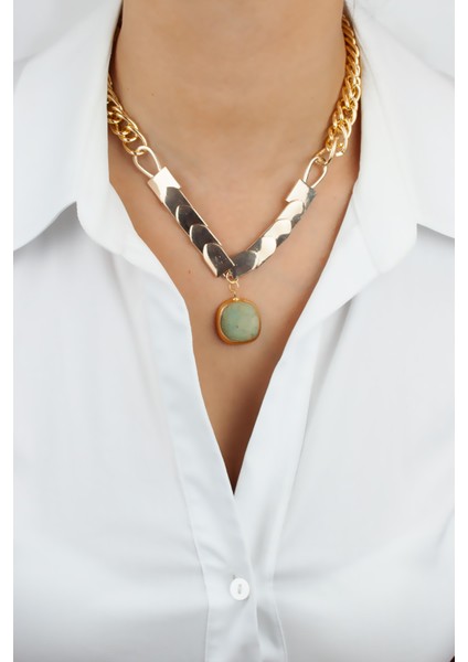 Yeşil Akik Taşlı Gold Kolye