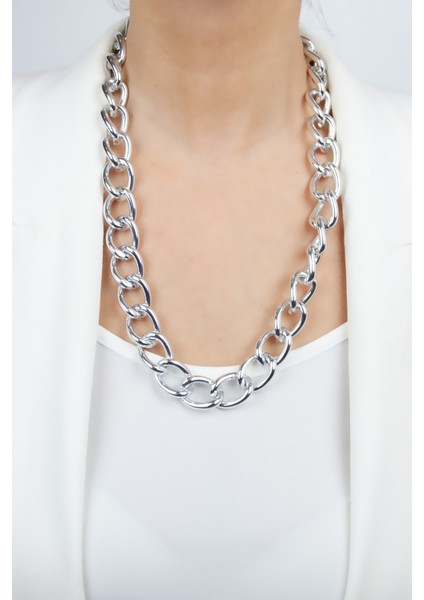 Kalın Halka Gümüş Renk Uzun Kolye