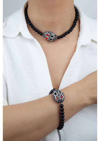 Zirkon ve Doğaltaş Siyah Kolye Bileklik