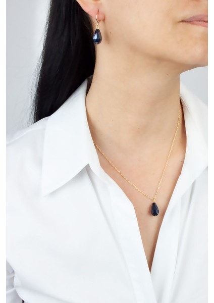 Kristal Uçlu Gold Kolye Küpe Set