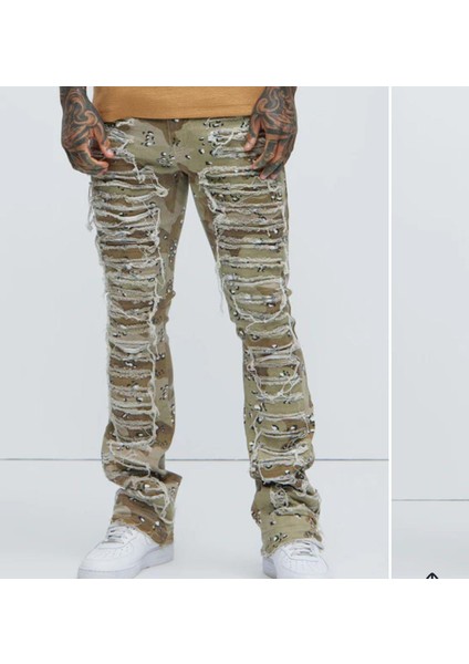 Kamuflaj Desenli Skinny Erkek Pantolon , Yıpranmış Detaylı Kamuflaj Desenli Dar Kesim Erkek Pantalon