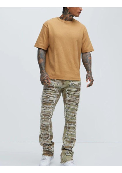 Kamuflaj Desenli Skinny Erkek Pantolon , Yıpranmış Detaylı Kamuflaj Desenli Dar Kesim Erkek Pantalon modelleri