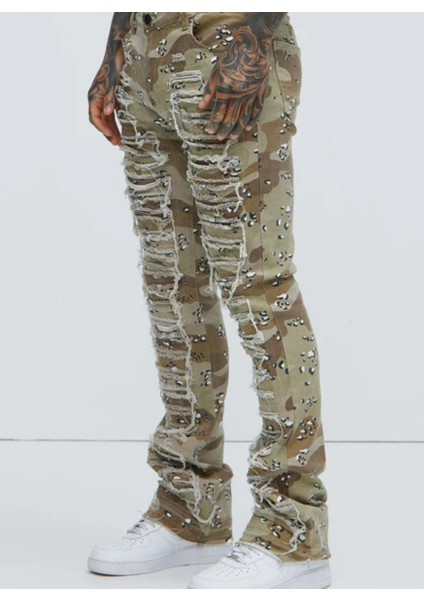 Kamuflaj Desenli Skinny Erkek Pantolon , Yıpranmış Detaylı Kamuflaj Desenli Dar Kesim Erkek Pantalon