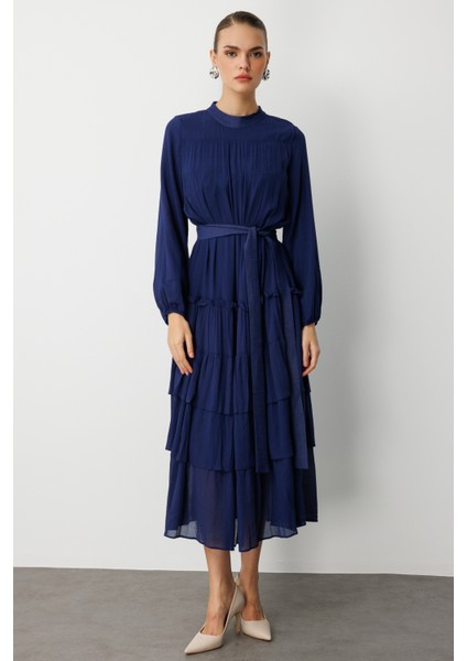 Kat Pileli Maksi Lacivert Elbise