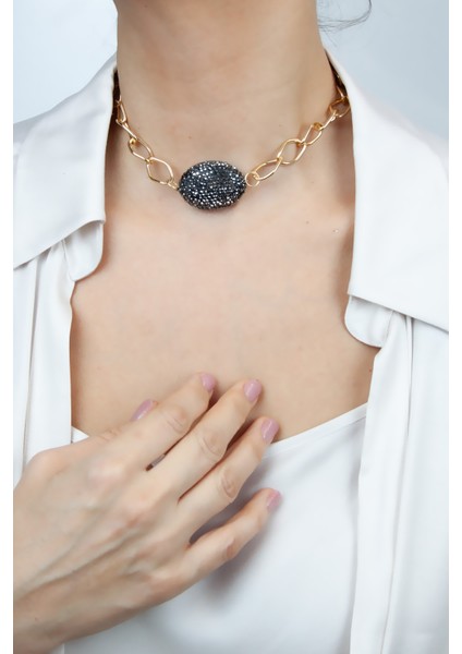 Doğal Taş Detay Gold Kolye