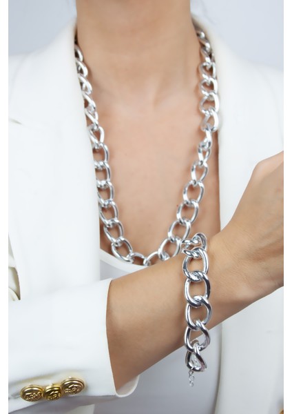 Kalın Halka Gümüş Renk Uzun Kolye Bileklik Set