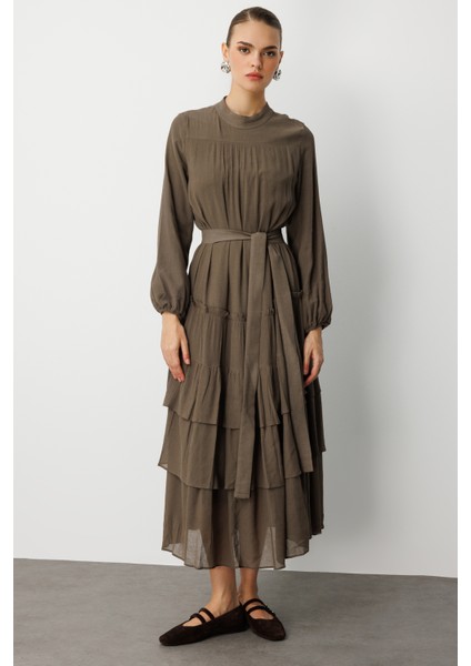 Kat Pileli Maksi Haki Elbise