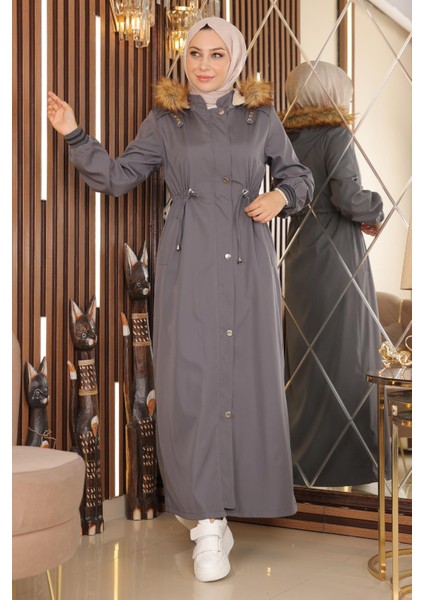 Büyük Beden Kapşonlu Ribanalı Mont Gri 15500