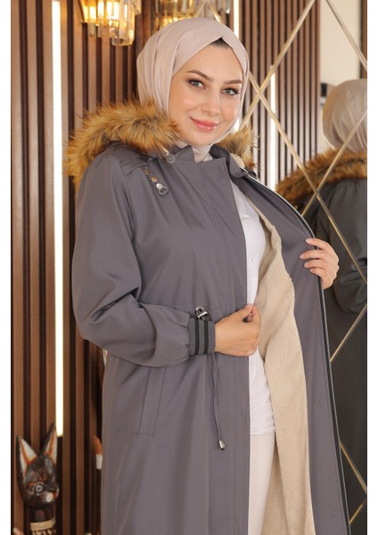 Büyük Beden Kapşonlu Ribanalı Mont Gri 15500 fiyatları