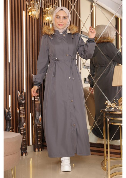 Büyük Beden Kapşonlu Ribanalı Mont Gri 15500 modelleri