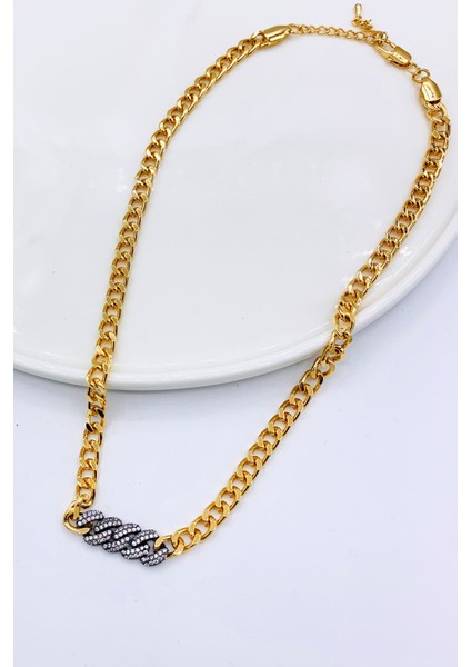 Zirkon Taşlı Gold Renk Zincir Kolye