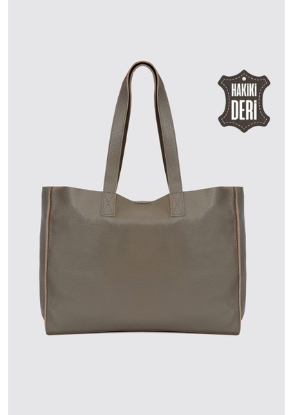 City Tote Hakiki Deri Omuz Çantası Vizon SMR9182