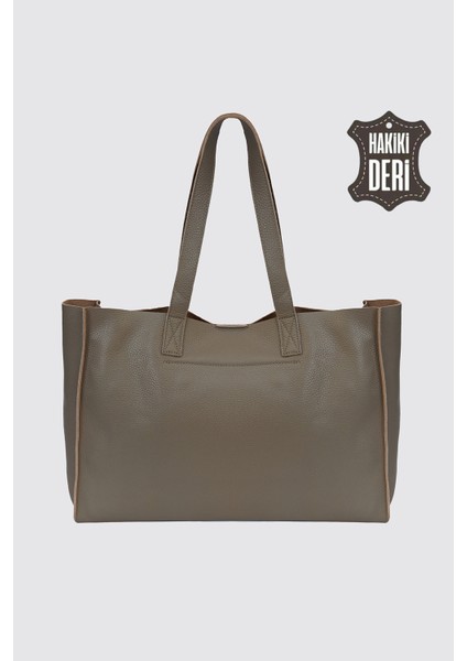 City Tote Hakiki Deri Omuz Çantası Vizon SMR9182 modelleri