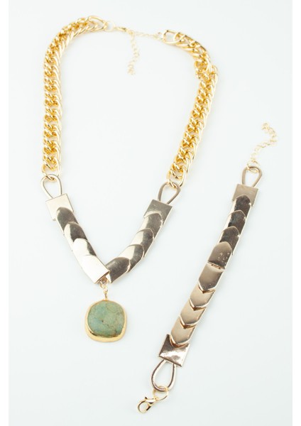 Yeşil Akik Taşlı Gold Kolye Bilekklik Set