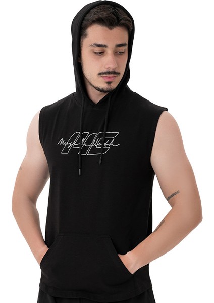 Icon Kapüşonlu Kolsuz T-Shirt Siyah