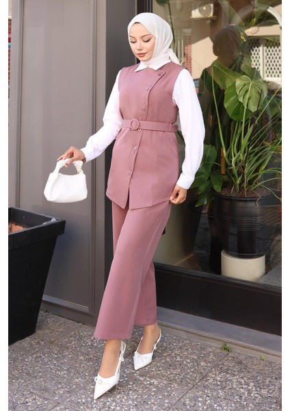 Kemerli Yelek Pantolon Takım Gül Kurusu 19250