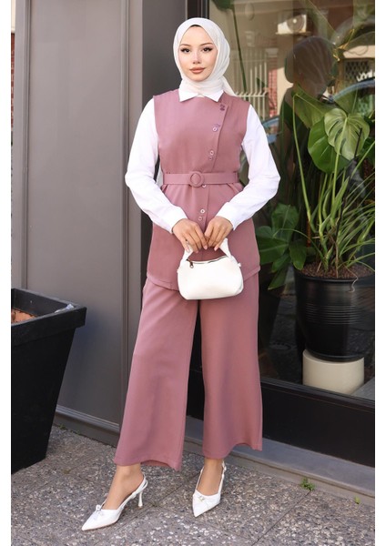 Kemerli Yelek Pantolon Takım Gül Kurusu 19250 modelleri