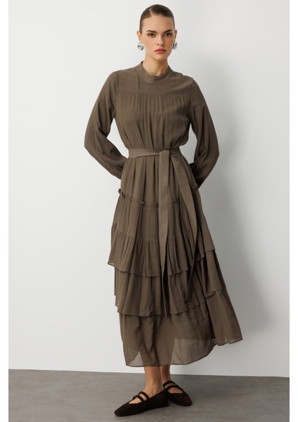 Kat Pileli Maksi Haki Elbise modelleri