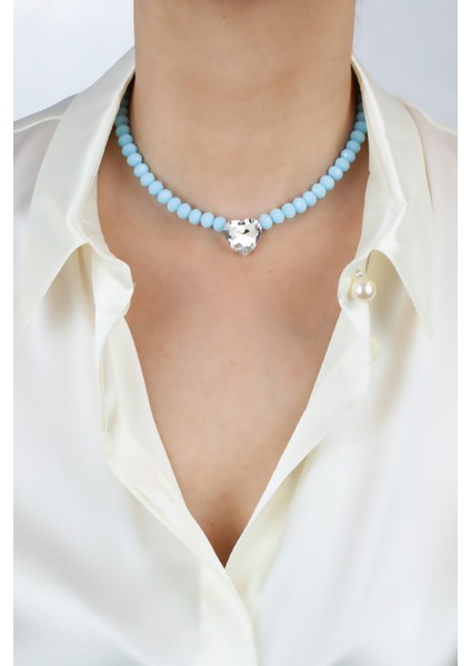 Şeffaf Kalp Kristal Uçlu Mavi Kristal Kesim Kolye